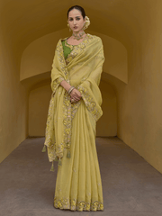 Yellow Embroidered Organza Silk Saree