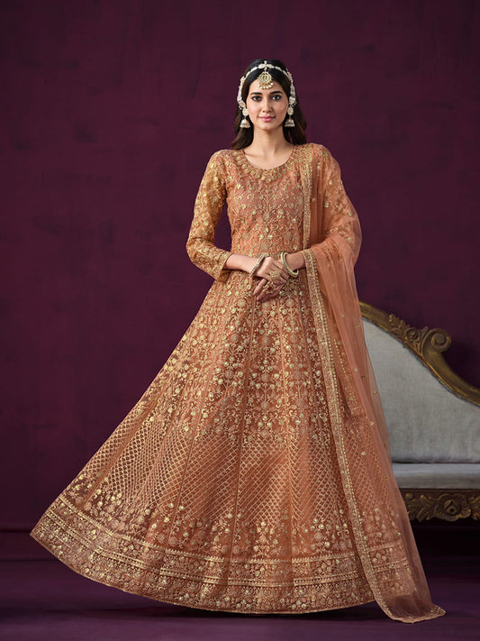 Peach Net Partywear Anarkali Suit