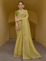 Yellow Embroidered Organza Silk Saree