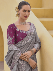 Grey Embroidered Organza Silk Saree