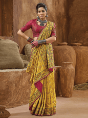 Yellow And Pink Multi Embroidery Traditional Silk Saree