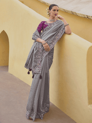 Grey Embroidered Organza Silk Saree