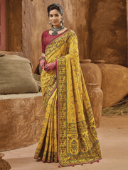 Yellow And Pink Multi Embroidery Traditional Silk Saree