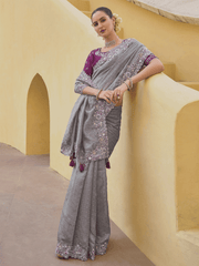 Grey Embroidered Organza Silk Saree