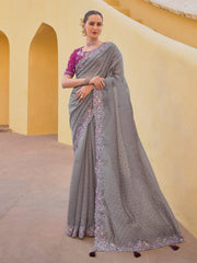 Grey Organza Silk Designer Saree