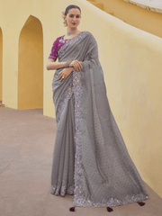 Grey Embroidered Organza Silk Saree