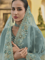 Turquoise Embroidered Organza Silk Saree