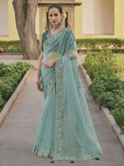 Turquoise Embroidered Organza Silk Saree