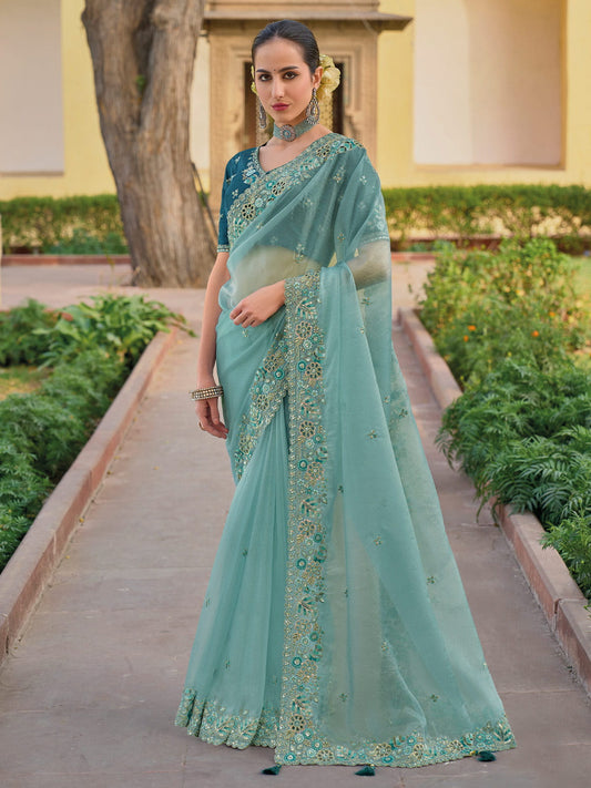 Turquoise Organza Silk Designer Saree