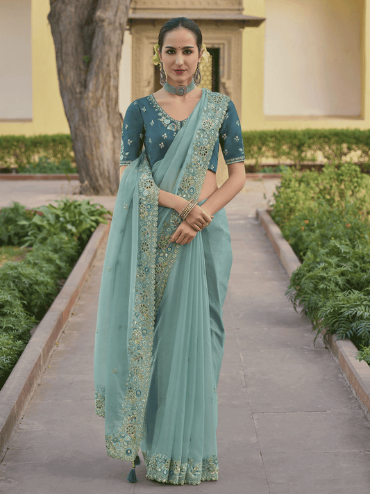 Turquoise Embroidered Organza Silk Saree