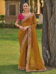 Rust Organza Silk Designer Saree