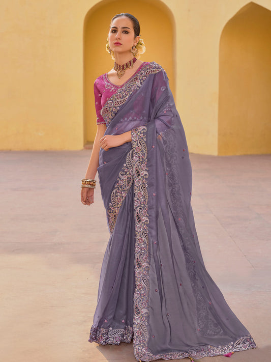 Violet Organza Silk Designer Saree