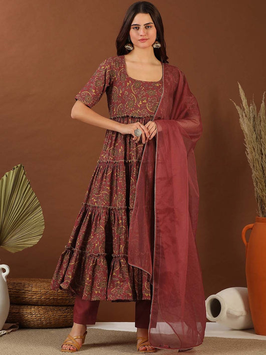 Maroon Floral Printed Tiered Kurta With Trousers & Dupatta