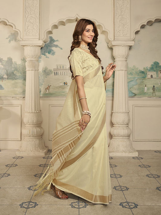 Beige And Gold-Toned Zari Solid Saree