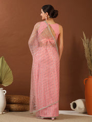 Pink Embellished Mukaish Net Saree