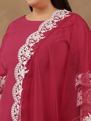 Plus Size Embroidered Thread Work Straight Kurta With Trousers & Dupatta