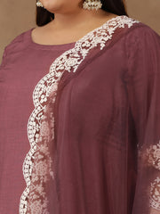 Plus Size Embroidered Thread Work Straight Kurta With Trousers & Dupatta