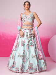 Turquoise blue Pure Silk Zarkan, Mirror and Sequin embroidery Semi-Stitched Lehenga choli and Dupatta