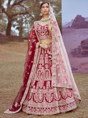 Maroon Pure silk Moti, Sequins embroidery Semi-Stitched Bridel Lehenga choli & Dupatta