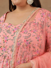 Plus Size Floral Printed Tiered Flared Kurta With Dupatta