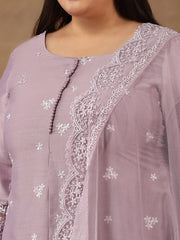 Plus Size Floral Embroidered Thread Work A-Line Kurta With Trousers & Dupatta