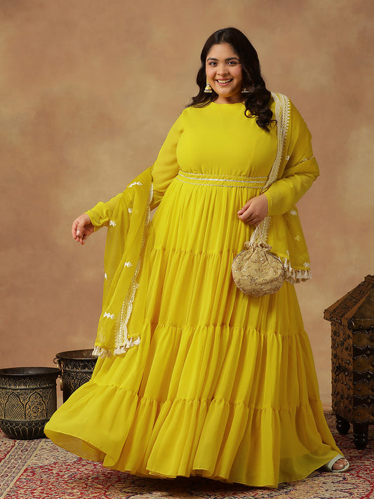 Plus Size Round Neck Georgette Zari Tiered Anarkali Kurta With Dupatta & Belt