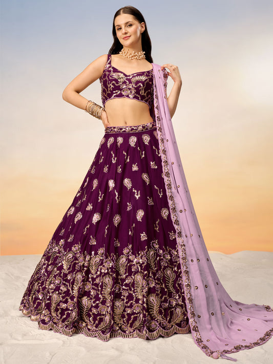 Burgundy Pure Georgette with heavy Sequins embroidery Semi-Stitched Lehenga choli & Dupatta