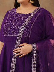 Plus Size Floral Embroidered Yoke Design Sequinned Anarkali Kurta With Dupatta