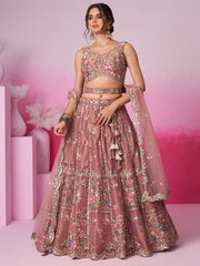 Rose gold Bridel Net Moti, Sequins embroidery Semi-Stitched Bridel Lehenga choli and Dupatta