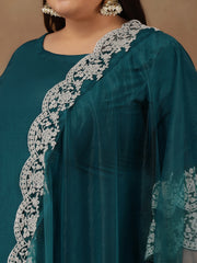 Plus Size Embroidered Thread Work Straight Kurta With Trousers & Dupatta