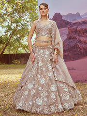 Beige Organza Sequins embroidery Semi-Stitched Lehenga choli & Dupatta