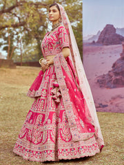 Pink Pure silk Moti, Sequins embroidery Semi-Stitched Bridel Lehenga choli & Dupatta