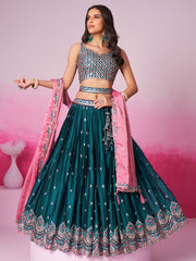 Teal Pure Georgette Sequin embroidery Semi-Stitched Lehenga choli and Dupatta