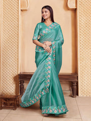 Green And ,Multicolour Ethnic motif Embroidered Sequinned Saree With Blouse Piece