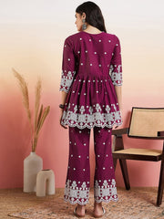 Purple & White Floral Embroidered Pleated Ethnic Co-ords