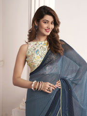 Blue Polka Dot Beads and Stones Saree