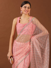 Pink Embellished Mukaish Net Saree