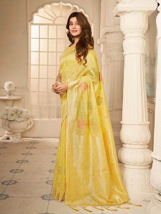 Yellow And Gold-Toned Woven Design Zari Saree