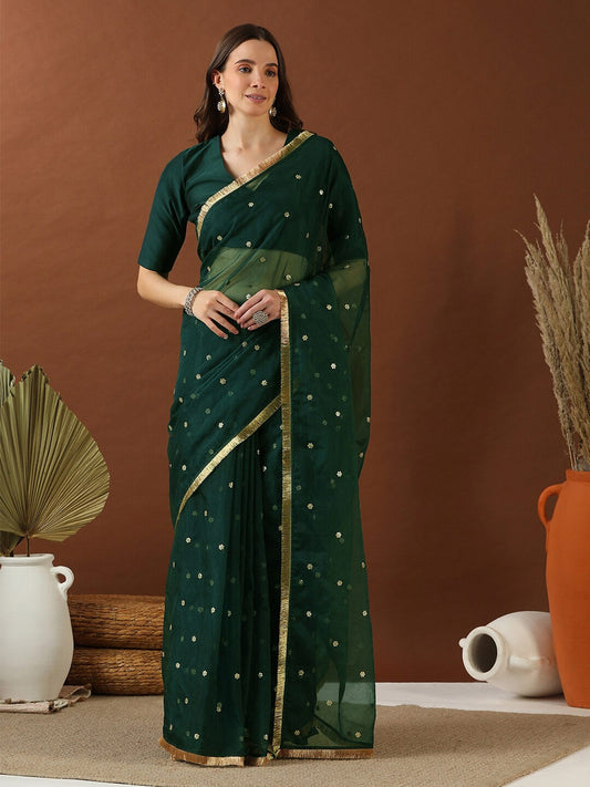 Green Floral Sequinned Organza Saree