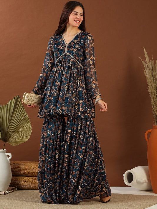 Navy Blue Floral Printed Pleated Gotta Patti Kurti With Sharara