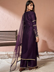 Floral Embroidered Thread Work Straight Kurta With Palazzos & Dupatta