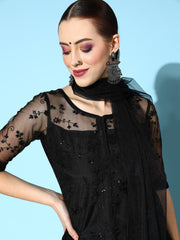 Women Black Floral Net Ethereal Embroidery Kurta Set