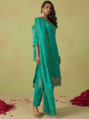 Blue Pure Shimmer Organza Embroidered Kurta Set with Pant and Dupatta