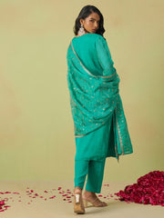 Blue Pure Shimmer Organza Embroidered Kurta Set with Pant and Dupatta