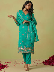 Blue Pure Shimmer Organza Embroidered Kurta Set with Pant and Dupatta