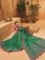 Enticing Green Mirror Work Banarasi Silk Saree With Blouse