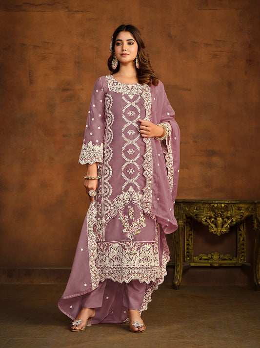 Mauve Embroidered Festive-Wear Straight-Cut-Suit