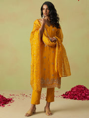 Yellow Pure Shimmer Organza Embroidered Kurta Set with Pant and Dupatta