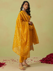 Yellow Pure Shimmer Organza Embroidered Kurta Set with Pant and Dupatta