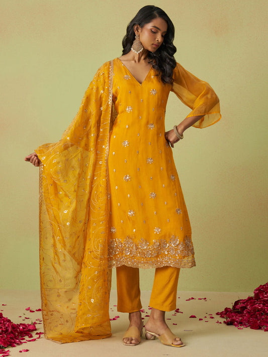 Yellow Pure Shimmer Organza Embroidered Kurta Set with Pant and Dupatta